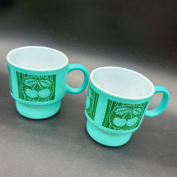 Vintage Milk Glass Mugs Hazel Atlas Teal Green Stacking Fruit Cherry Pear Apple - Picture 1 of 11